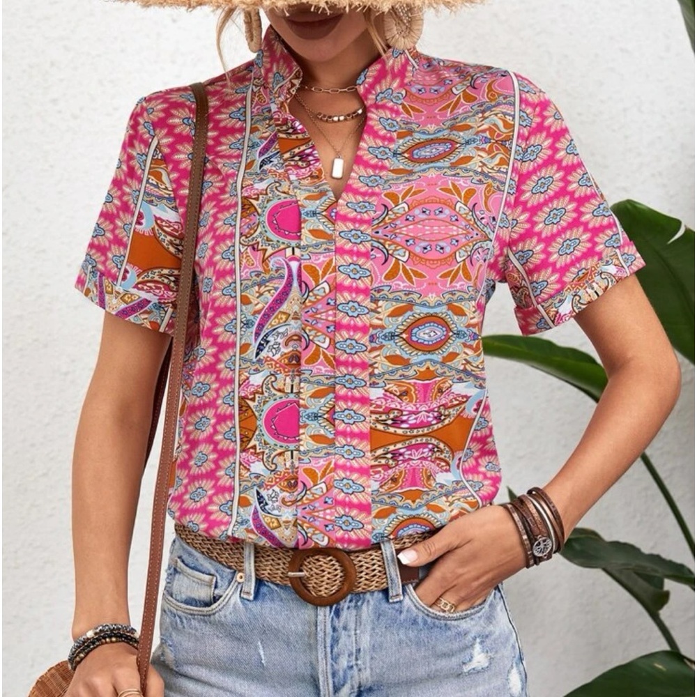 Boho Floral Paisley Print Top Blouse Shirt Green - Picture 13 of 16